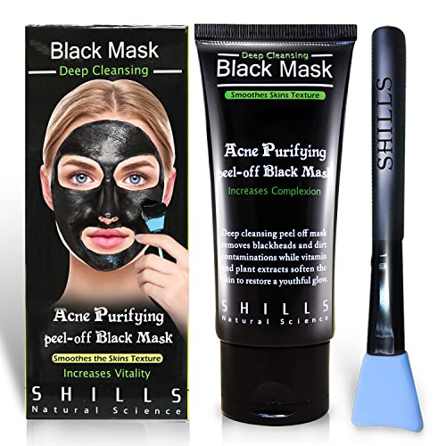 SHILLS Charcoal Black Mask for Women, Black Mask Charcoal Black Mask, Blackhead Remover Mask, Activated Charcoal, Skincare, Blackhead Peel Off Mask and Light Blue Brush Kit (50ml or 1.69 fl oz)