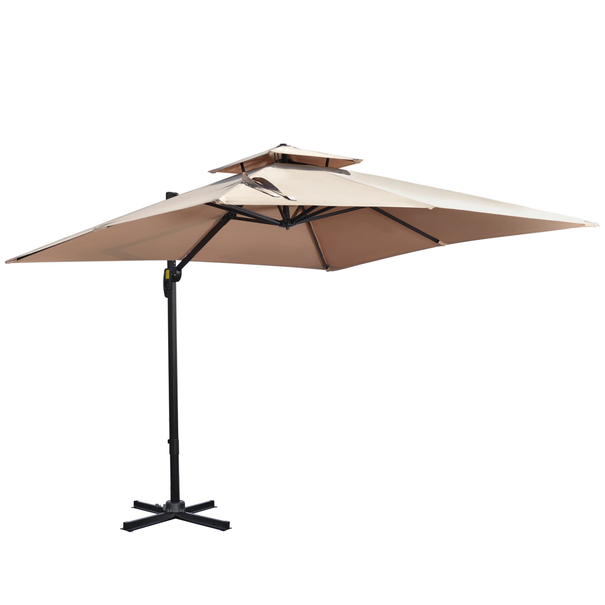 Outsunny Sombrilla de Jardín de Aluminio Parasol Excéntrico con Manivela Techo Doble Inclinable Poste Giratorio 360° y Base Cruzada Caqui