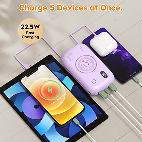 20000Mah Portable Charger With Built In Cables, 22.5W Fast Charging Usb Power Bank, 5 Output Ports,Built In 2 Cables Compatible For Iphone, Samsung, Huawei, Ipad, And All Smart Devices(Purple) #TOP1