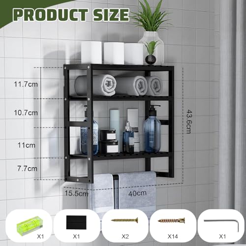 Zuxbolf Badezimmer Regal 3 Ebenen Standregal Badezimmer Organizer Badezimmerregal Wandregal Bambus Badregal 43 * 42 * 15cm Holzregal platzsparend Hängeregal Schwarz Badezimmermöbel für Bad, Küche