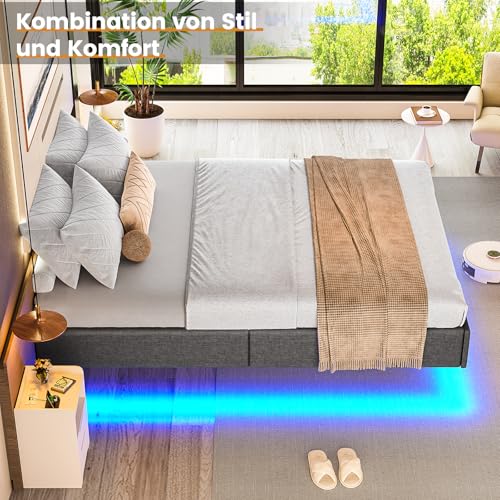 Brinlawb Bett 90x200 mit Lattenrost aus Holz, Bettgestell 90 x 200 cm mit LED Beleuchtung, Gästebett Jugendbett 90x200 cm Einzelbett Schwebebett mit Grauem Leinen, perfekt für Schlafzimmer Gästezimmer