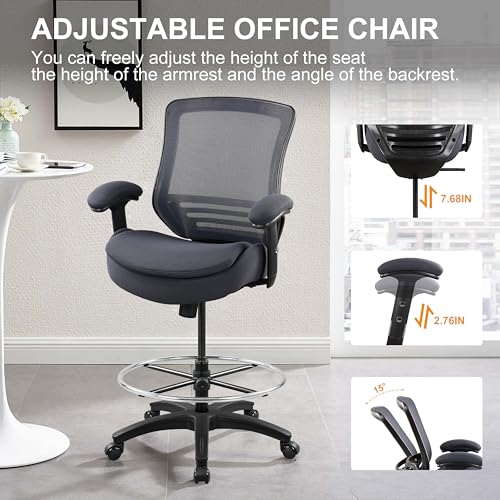 Image of 400lbs Office Drafting Chair Wide Dual Seat Cushion Height Adjustable Armrest for High Standing Desk with Lumbar Support and Enlarged Adjustable Footrest (Black Frame Gray Fabric)