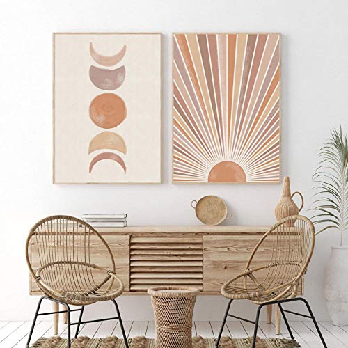 Sun Moon Print Boho Bedroom Decor Modern Mid Century Minimalist Poster Terracotta Wall Art Pictures Living Room Canvas Painting-40X50Cmx2 Pcs No Frame