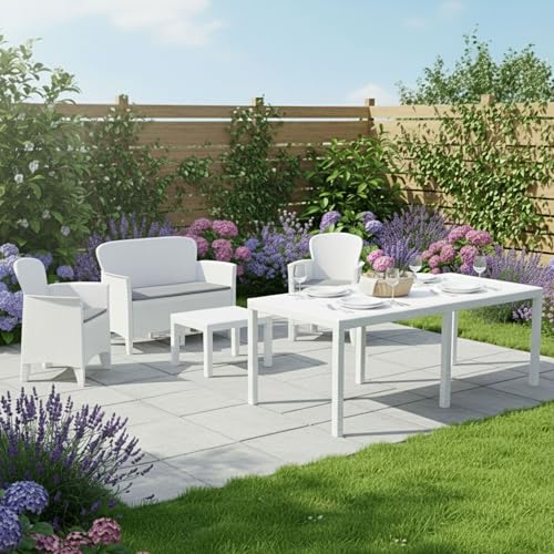Impermeabile Idrorepellente Dmora Set Salotto da Esterno Montemer Bianco Salottino 4 Posti, Tavolo 10 Posti Posti Un Tavolino, Salottino Outdoor Impermeabile Idrorepellente