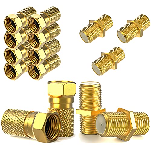 F-Stecker 7mm 10x + F-Verbinder 5x vergoldet | Gummidichtung | breite Mutter schraubbar | Verlängerung für Koaxial Antennenkabel Koax SAT Kabel | BK Anlagen | Satelliten LNB F Stecker + Verbinder SET