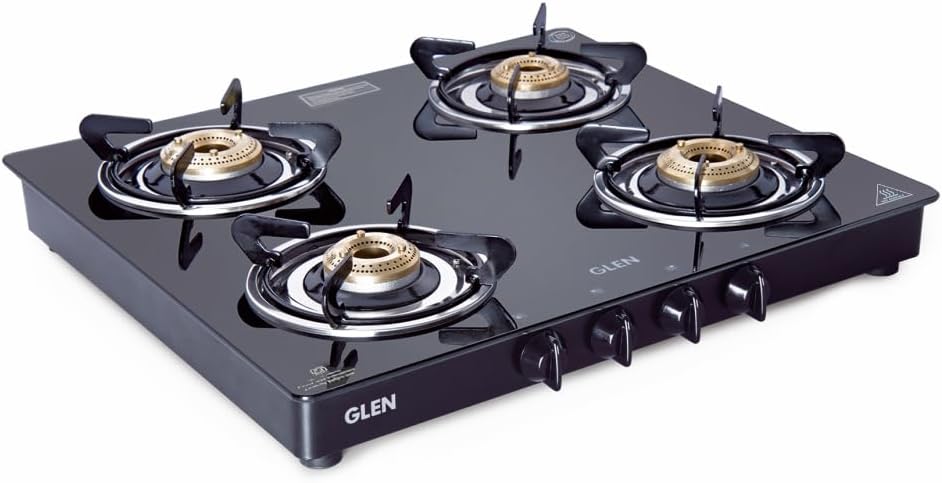 4 Burner Glass Gas Stove with Brass Burner, Black (1041 GT BB BL)