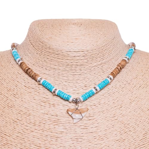 BlueRica Shark Tooth on Coconut Shell Beads Necklace (18" 2U)3