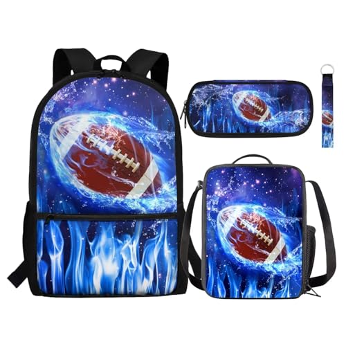 Zaino per bambini 4 in 1 Set di zaini per la scuola con portapranzo astuccio portamatite portachiavi per il ritorno a per ragazzi studenti Rugby Blue Fire Taglia unica Zaini Daypack