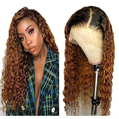 Afro Kinky Curly Wigs Heat Resistant 100% Fiber Ombre Brown Synthetic Lace Front Fluffy Wigs for African American Women 20 inch