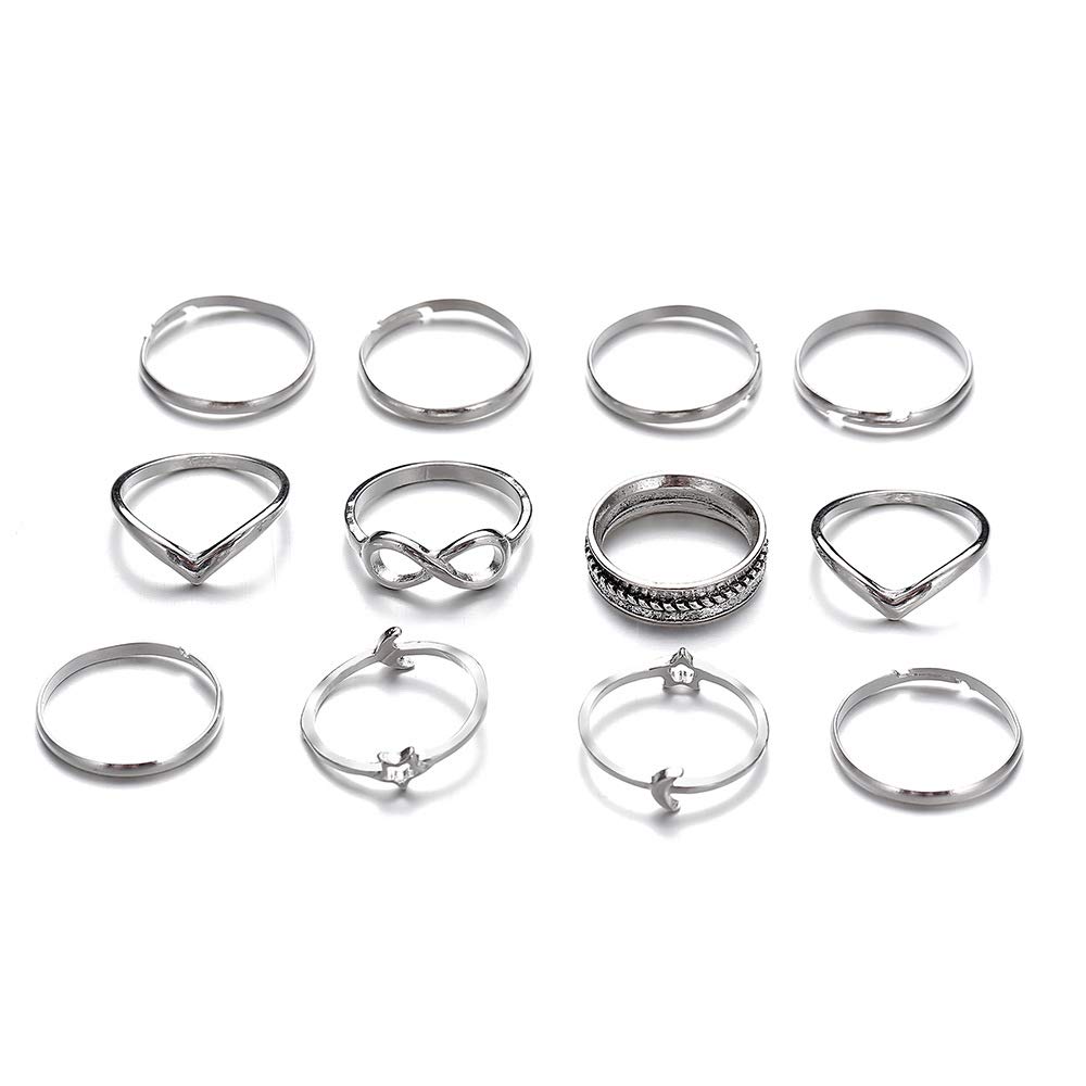 Vakkery Boho Knuckle Rings Set Silver Moon Stackable Finger Rings Sets Midi Star Joint Knuckle Rings Jewelry 12pcs for Women and Girls
