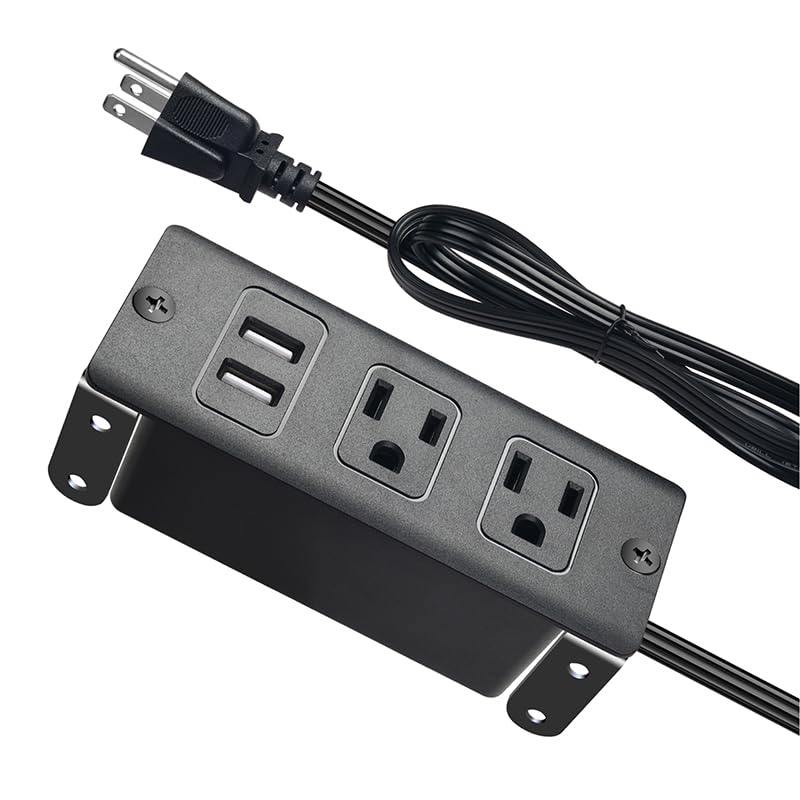 Recessed Power Strip with USB-A, Built-in Outlet Socket, Flat Plug Extension Cord, Dual Installation with Steel Brackets for Desk, Kitchen Island, Cabinet, Workbench (2AC USB-A)