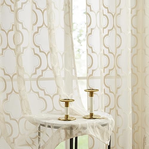 Purainbow MORD2-84LN Lace Sheer Curtains Beige For Bedroom Classic Geometric Rod Pocket Living Room Curtain Panels Knitted Moroccan Pattern Light Filtering Privacy Airy Semi Sheer Window Treatment Sets thumb #2