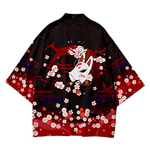 Image of DOSLAVIDA Men's Japanese Kimono Jacket Set Stylish Open Front Coat With Shorts Chinese Style Printed Cardigan Suit