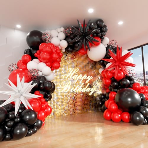 ADOINBY Red and Black White Balloon Arch Kit 140Pcs Red Black White with Stars Balloon Garland kit Different Size Balloons for Birthday Graduation Racing Car Poker Card Anniversary Party Decorations