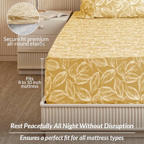 Image of HOMEMONDE Cotton 210 TC Fitted Sheet Leaf Printed Single Size Elastic Fitted Bedsheet with 1 Pillow Cover Wrinkle Free Noiseless Bed Sheets - (72 x 36 Inches, Golden) Perfect for Home Decor & Gifting