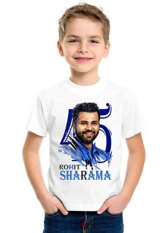 Kids Rohit Sharama Printed T-Shirt for Boys & Girls | Indian Cricket Fan Graphic White Half Sleeve Tee | Stylish Sports Poly Cotton Tshirt for Kids-image-35