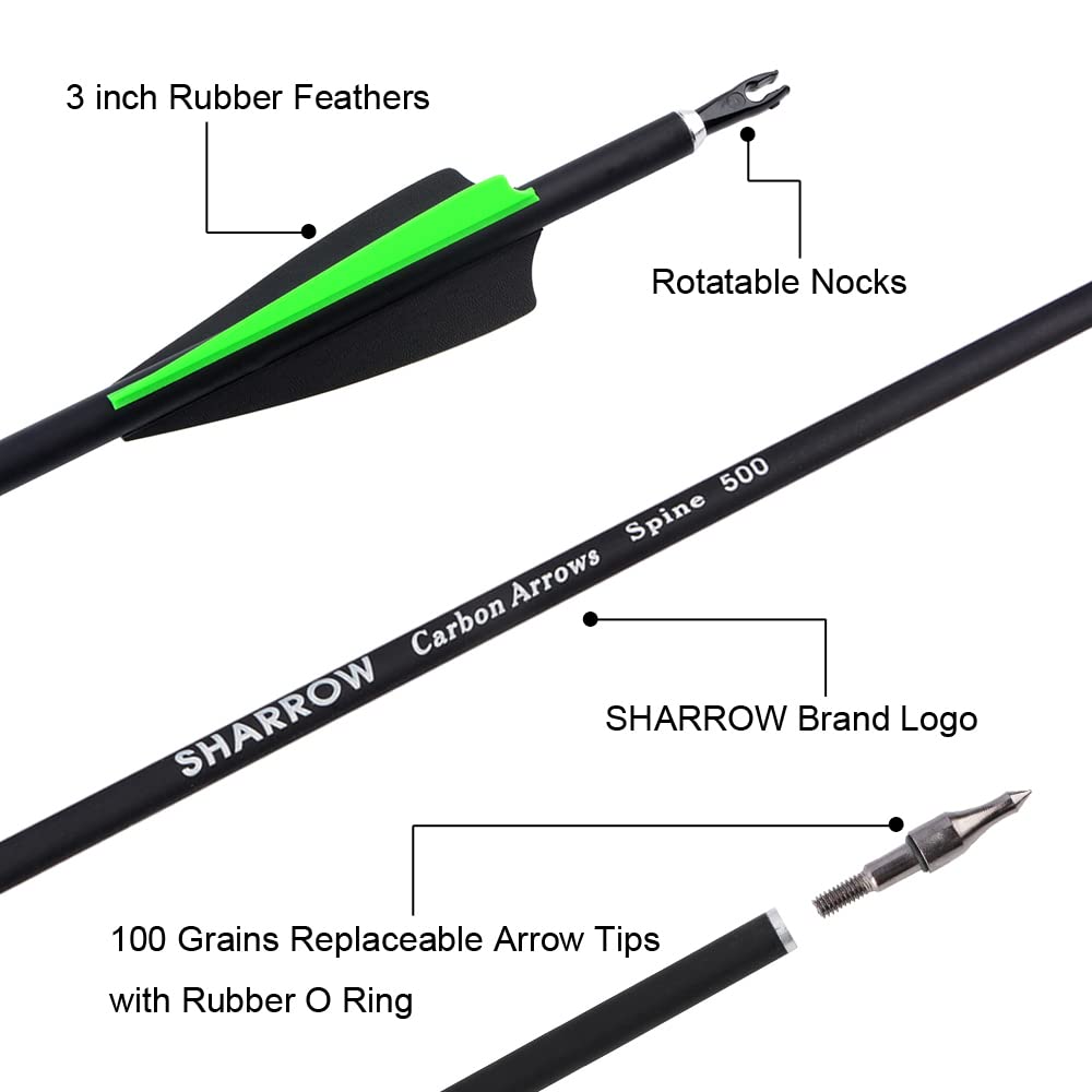SHARROW 12pcs Flèches de Carbone 30 Pouces Flèches de Chasse Spine 500 pour Arc à Poulies et Arc Classique