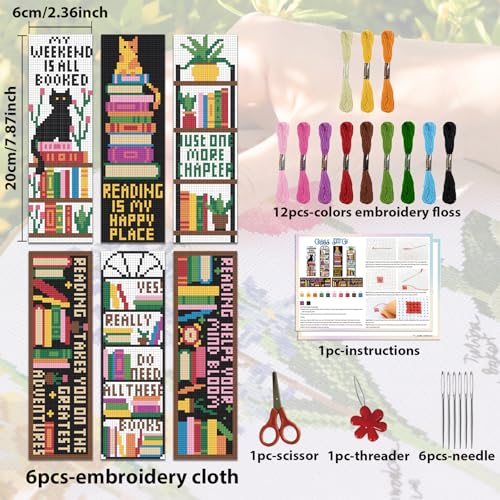 Image of ACRNIGHEET 6PCS Cross Stitch Bookmark Kits Bookshelves Words Pattern Counted Cross Stitch Kits for Beginners Adults DIY Stamped Embroidery Bookmarks with Instructions Hand Embroidery Craft Gift