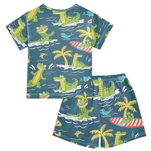ALAZA Crocodile Surfer Palm Tree Pajamas Short Sleeve 2 Piece Sleepwear Top and Bottom Pajama Set Unisex2