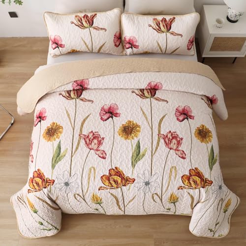Edredón floral King de WONGS BEDDING, juego beige de 3 piezas de microfibra ligera para todo el año 4