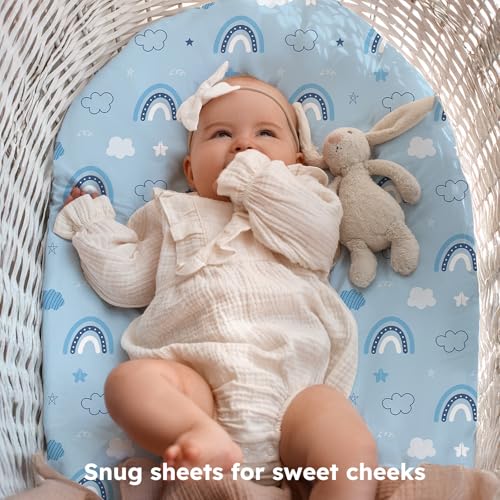 Image of Baby Bassinet Sheets, 3 Pack Fitted Bassinet Mattress Sheets, Compatible with Halo Bassinest Swivel Sleeper & Oval Hourglass Rectangle Mattress, Ultra Soft Blue Cloud Animal