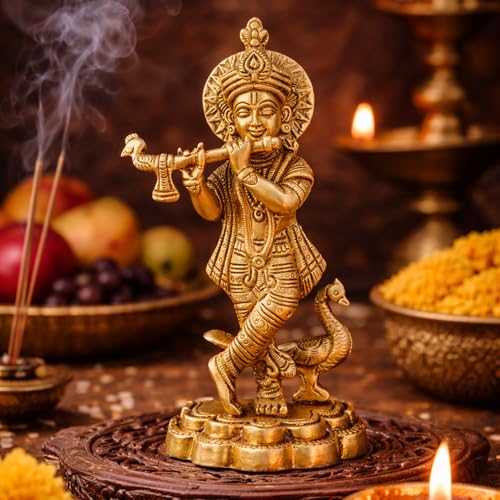 Image of 100% Pure Brass Lord Krishna Idol with Flute (Size:16cm, 600grams) | Shree Lord Krishna Statue for Home Decor | Sri Krishna Idols Gift for House Warming Ceremony or Office Desk