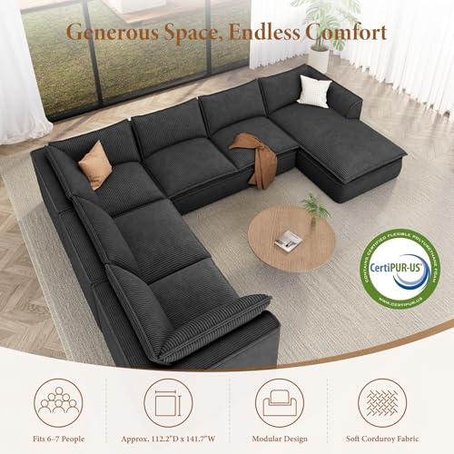 Image of Vesgantti 141.7 inch Oversized Boneless Sectional Couch, Modern 7 Seater Modular Sofa with Chaise, Deep Seat Convertible Corduroy Cloud Couches for Living Room, No Assembly Required, Black