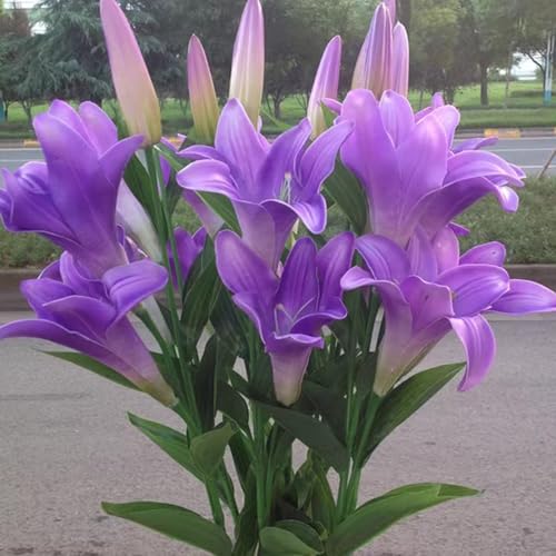 3PCS Lily Artificial Flowers Indoor Outdoor for Decoration UV Resistant Plastic Plants for Garden Porch Bedroom Office Table (Purple)