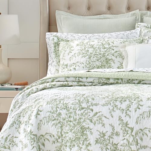 Image of Laura Ashley - Queen Quilt Set, Soft & Reversible Cotton Floral Bedding with a Medium Weight Feel, 3 Piece Bed Set with Matching Pillowcases (Bedford Green /Off-White)
