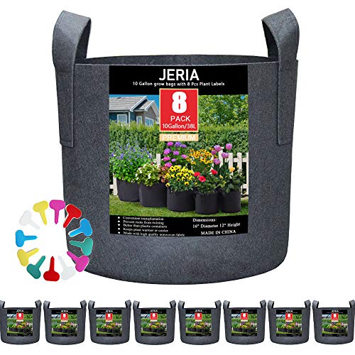 JERIA 8-Pack 10 Gallon Grow Bags, Aeration Fabric Pots with Handles, Heavy Duty Thickened Nonwoven Grow Pots with 8 Pcs Plant Labels