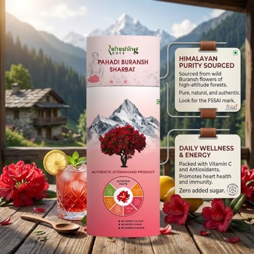 Image of REFRESHING ROOTS Uttarakhand Premium Buransh (Rhododendron) Squash, 900 ML Glass Bottle | Cold Pressed | Natural Health Drink | Added Honey | No Artificial Flavors | Rich in Antioxidants | Glass Bottle (300 ML * 3)