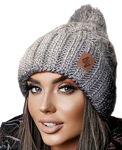 4sold Mens Womens Beanie Warm Winter Cable Knitted Bobble Hat Plain Ski Pom Wooly Cap Full Cosy Fleece Liner Grey White