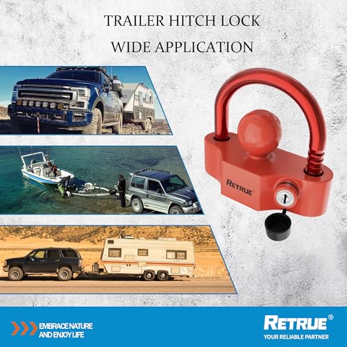 Image of RETRUE Universal Coupler Lock Trailer Locks Ball Hitch Trailer Hitch Lock Adjustable Security Heavy-Duty Steel Fits 1-7 /8 Inch, 2 Inch, 2-5 /16 Inch Couplers Red & Red