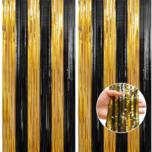 Image of Crosize 2 Pack 3.3 x 9.9 ft Gold and Black Foil Fringe Curtains Party Decorations, Gold Tinsel Curtain Backdrop for Parties, Door Streamers, Glitter Streamer Fringe Backdrop for Birthday Decoration
