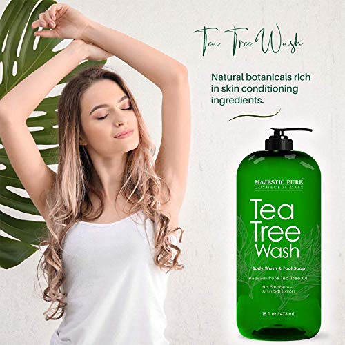 Majestic Pure Tea Tree Body Wash (16 Oz) And Reusable Face Mask (3 Pack) Bundle #TOP1