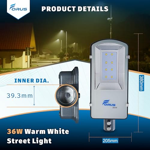 Image of Forus LED Street Light 36W (with Clamp) - Waterproof Outdoor Street Lamp, Warm White, 5-Year Warranty, Energy-Saving 36 Watt LED for Home, Garden, Road & Street Lighting (1 Pc)