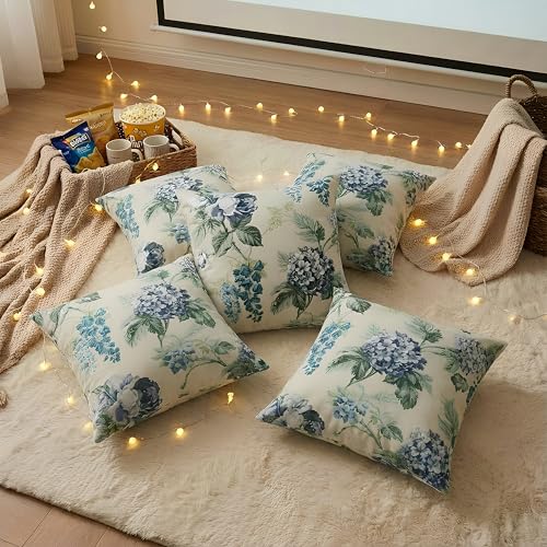 Image of Clasiko Cotton Cushion Covers 12x12 - Set of 5 Decorative Cushion Covers, Blue Bloom, Soft Cotton, Hidden Zip, Sofa & Bedroom Decor