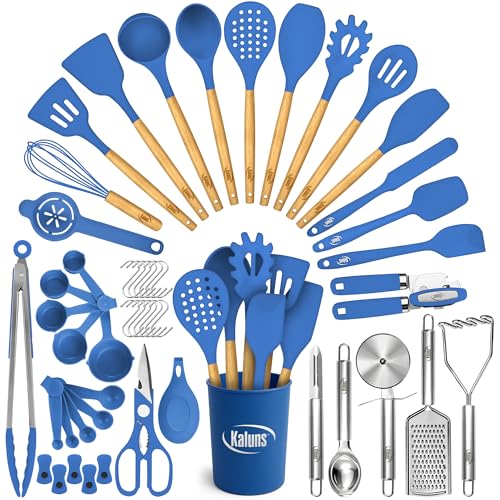 Kaluns 50 PCS Silicone Kitchen Utensils Set Complete Kitchen Set - 800°F Heat Resistant Non-Stick Premium Cooking Utensils W Wooden Handles - Can Opener, Masher, Turner, Silicone Spatula Set by Kaluns - Used condition - US$33.47