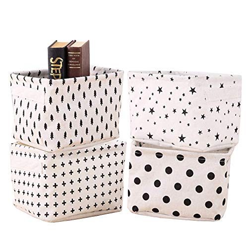 Canvas Storage Bins, Foldable Mini Square Natural Linen & Cotton Fabric Storage Bins Storage Baskets Organizers for Shelves & Desks - Set of 4 (White)