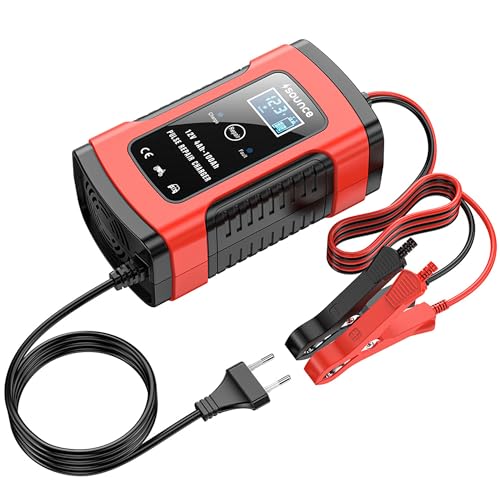 Image of Sounce Fully Automatic 12V 5A Battery Charger & Maintainer Smart Car Battery Charger with Pulse Repair & Intelligent Digital Display EU Plug Compatible with Car, Motorcycle, Lawn Mower & More - Red