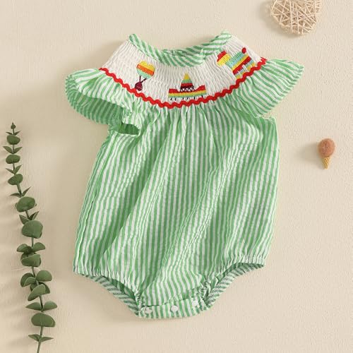 Gueuusu Fiesta Baby Girl Outfit Striped Flutter Sleeve Embroidery Seersucker Smocked Bubble Romper Cinco De Mayo Clothes2