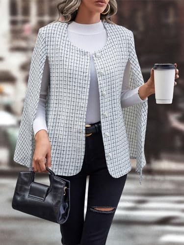 WDIRARA Women's Plaid Print Cloak Sleeve Round Neck Button Front Jacket Blazer Cape Coat3