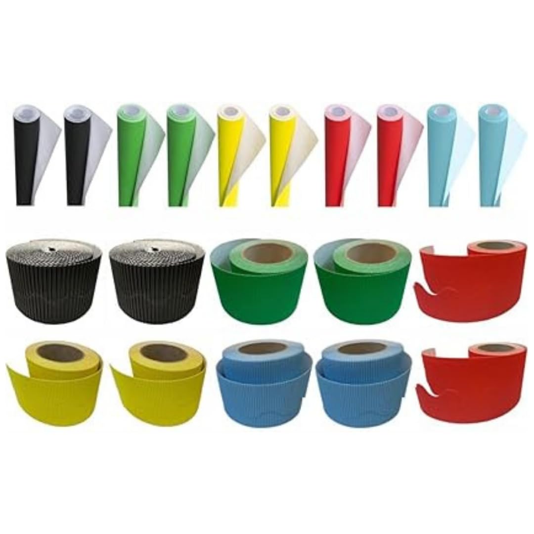 Wall Display Pack - Display Poster Paper, Corrugated Border Roll for School Classroom Decorations, Party Decoration (Sky Blue, Leaf Green, Scarlet, Black & Lemon)