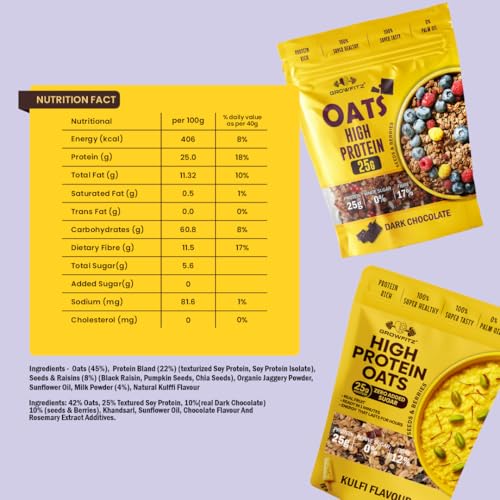 Image of GrowFitz 25g High Protein Oats 800 Gram, Pack of 2 | Chocolate & Kulfi Flavor Combo Breakfast Oatmeal | 17g High Fiber, Almonds, Raisin, Pumpkin, Chia Seeds, Super Rolled Oats | No Added Sugar