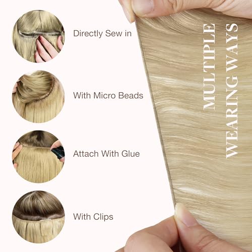 Image of GOO GOO Genius Weft Hair Extensions Human Hair, Sew In Hair Extensions Rooted Remy Weft, 18ET90A Natural Blonde Balayage 24inch 60g, Hand Tied