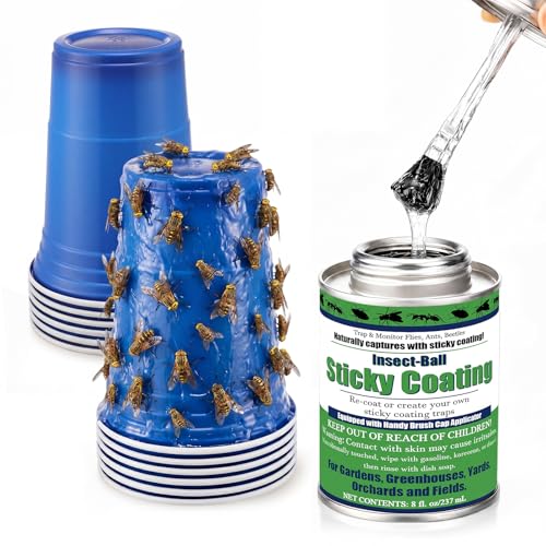 Mysora Insect Trap Sticky Coating with Brush and 12 Pcs Plastic Cups 8 oz Insect Barrier Kit Outdoor DIY Adhesive Coating Pests for Gardens Greenhouses Orchards Plants(Deer Fly Trap Kit)