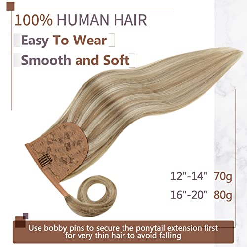 RUNATURE Blonde Real Hair Ponytail Extension Highlight Brown Ponytail Hair Extensions Real Human Hair Blonde Clip in Ponytail Hair Extensions Straight 16 Inch 80 Gram - Image 3