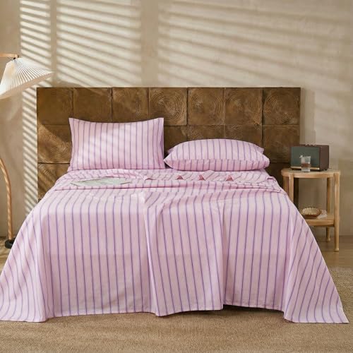 Image of Merryword 100% Cotton Sheet Set Full Size - Pink & Purple Striped Bedding, Soft Breathable Percale Weave, Deep Pocket Fitted Sheet 17.5 inch, Luxury & Silky Soft Sheet Set for All Seasons
