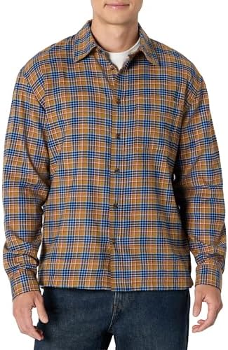 Amazon Essentials Herren Langärmliges Relaxed-Fit-Flanellhemd, Blau Dunkles Khaki Houndstooth Plaid, XXL