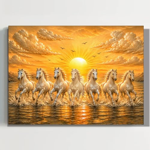 Image of PAINTINGMANTRA 7 White Running Horses Canvas Wall Art Painting For Living Room|Seven Running Horses Vastu Stretched Canvas Painting For Bed Room, Home & Office, 16x22 Inch